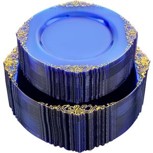 102PCS Blue Plastic Plates - Royal Gold Disposable Plates - Clear Blue Party Plate - Heavyweight Disposable Plate with Gold Rim - Fancy Dinner & Dessert Plates for 51 Guests Party Wedding