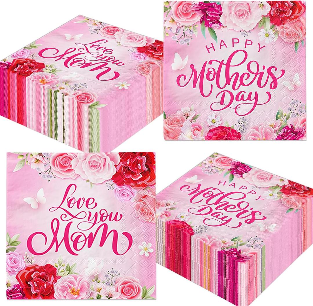 2 x Happy Mother's Day Party Napkins 48Pcs,Roses and Green Leaves Paper Napkins,Mothers Day Supplies