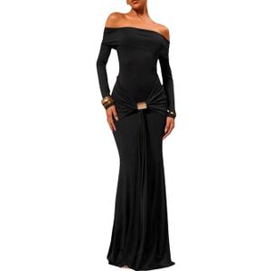 Women's Grace Maxi Dress Off Shoulder Long Sleeve Bodycon Elegant Solid Formal Gown for Wedding Guest (Black, Small)