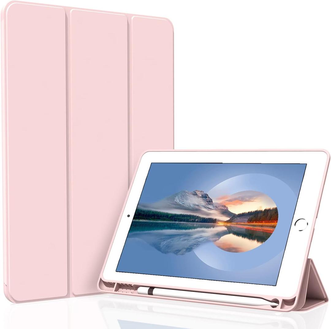 Case for iPad 9.7 inch 6th/5th Generation, Trifold Stand Smart Auto Sleep/Wake Cover, Lightweight Soft TPU Case with Pencil Holder for iPad 9.7" 2018/2017, Pink