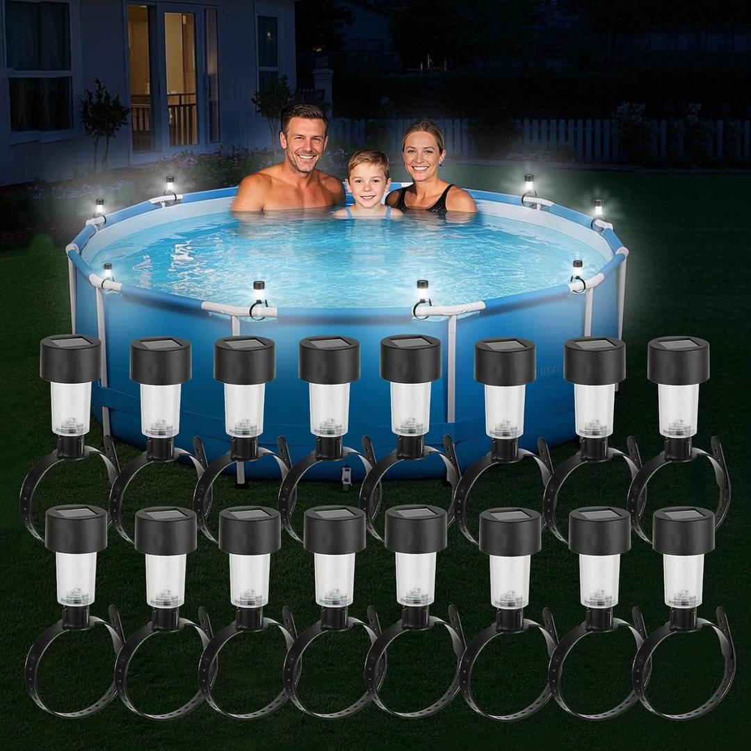 16Pcs Solar Pool Lights,Waterproof LED Solar Lights White Light at Night for Swimming Pool Lights for Above Ground Pools,Solar Framed Pool Light Pool Accessories for Frame Pool Decoration