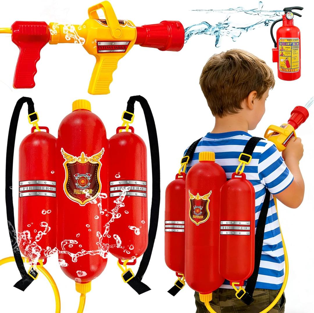 3Pcs Firefighter Backpack Water Gun Blaster Set for Kids,Fireman Tank with Hose Shooter Toy,Mini Fire Extinguisher Squirter for Summer Outdoor Play,Swimming Pool Party,World Book Day Costume Prop, Large