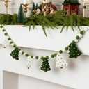 Christmas Felt Garland 3D Coquette Xmas Tree Pom Ball Banner Holiday Decorative Hanging Bunting Garland for Home Mantel Fireplace Window Wall Decor(Green White,Classic Tree)