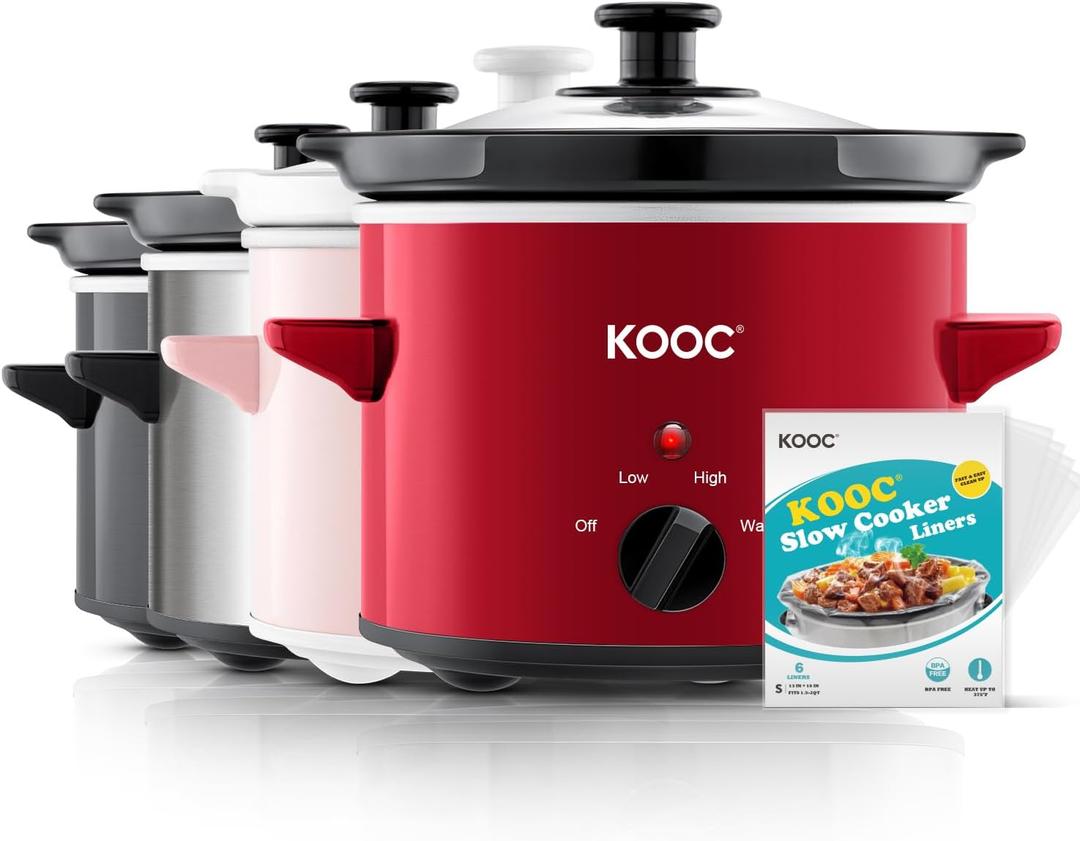 KOOC Small Slow Cooker, 2 Quart, Free Liners Included for Easy Clean-up, Upgraded Ceramic Pot, Adjustable Temp, Nutrient Loss Reduction, Stainless Steel, Red, Round