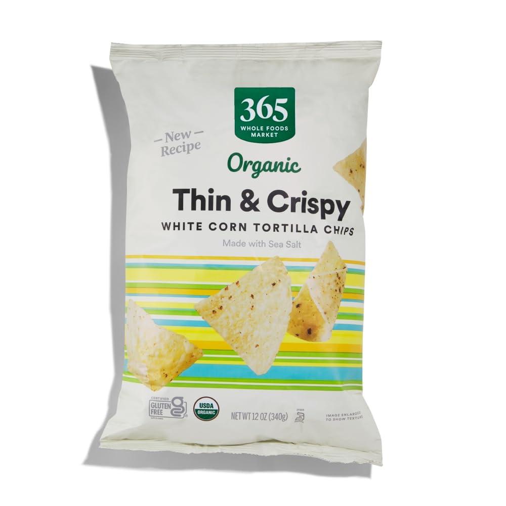 365 by Whole Foods Market, Organic White Corn Tortilla Chips Thin and Crispy, 12 Ounce (EXP 02/10/26)