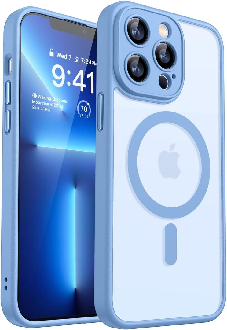 CANSHN Magnetic Compatible with iPhone 13 Pro Max Case, Upgraded [Full Camera Protection] [Compatible with Magsafe] [Translucent Matte] Shockproof Protective Phone Case Cover 6.7 Inch - Light Blue
