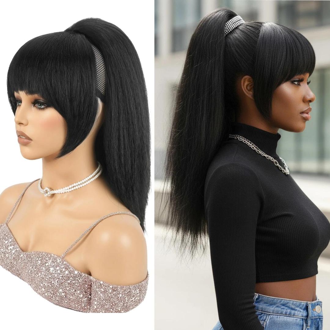 Yaki Drawstring Ponytail Extension with Bangs Natural Looking Ponytail Wig for Black Women Clip in Ponytail Hairpiece for Daily and Party(1B)
