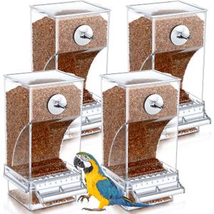 Yaomiao 4 Pcs No Mess Small Bird Feeders Automatic Parakeet Water Dispenser Clear Quail Feeder and Watered Cage Accessories for Small and Medium Parakeet Cockatiel Canary(Seed Feeder,Transparent)