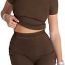 REORIA Womens Workout Sets 2 Piece Seamless Slim Fit Yoga Outfits Shorts and Cropped Top Gym Athletic Sets Brown Small
