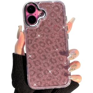 NITITOP Compatible with iPhone 17 Case Cute Cool Glitter Leopard Print Cheetah Sparkle Bling for Girl Women Plating Camera Edge Shockproof Protective Cover - Pink