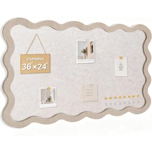 Scalloped Felt Bulletin Board, 36" x 24" Felt Cork Board Alternative for Wall, Foldable Picture Self-Adhesive Boards with Pins Hooks, Vision Boards for Photo Display School Home Office, Oatmeal