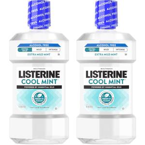 Listerine Extra Mild Alcohol-Free Mouthwash, Oral Rinse Powered by Essential Oils Kills 99.9% of Germs that Cause Bad Breath for A Clean* Mouth, No Added Dyes, Mild Cool Mint Flavor, 1L x 2