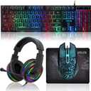 Gaming LED Keyboard Mouse Headset and Mousepad Bundle, CHONCHOW Wired Rainbow LED Light Up Gaming Keyboard Mouse Headset, Value 4 in 1 Game Set for Xbox PS4 PS5 PC Laptop Gamer