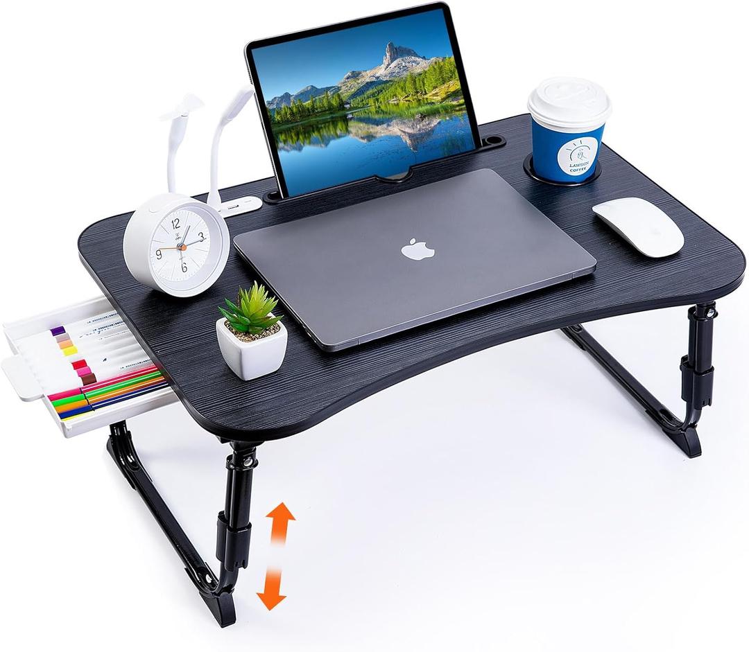 Laptop Desk for Bed, Height Adjustable Laptop Bed Table, Foldable Portable Lap Desk Stand with USB/Storage Drawer/Cup Holder/Slot, Breakfast Tray for Working Reading Writing Eating (Black)