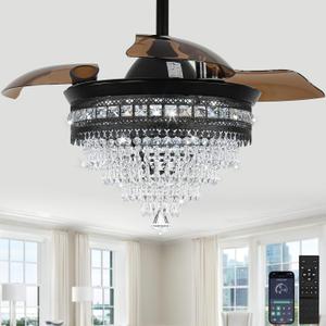 Luxury K9 Crystal Chandelier Fan | Smart Dimmable Fandelier with Retractable Blades(15"-36"), 6-Speed Silent DC Motor & APP/Remote Control, Modern Ceiling Fan Light Hybrid for Bedroom/Living Room (2001-Black)
