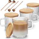 Mfacoy 4 PACK Glass Coffee Mugs with Handle & Spoon, 12 OZ Glass Coffee Cups with Bamboo Lid, Ribbed Glass Cups, Clear Tea Cup for Hot/Cold Beverages, Glassware Set for Americano, Latte, Cappuccino
