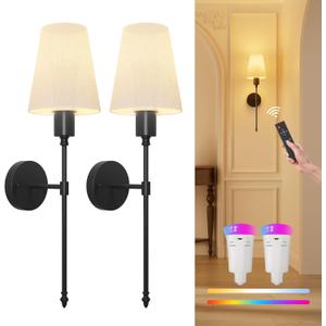 FULEN Wall Sconces Battery Operated Set of Two,18 Colors Cordless Wall Lights with Remote LED Indoor Wall Sconce Dimmable Detachable Bulbs,10000mAh Rechargeable Wall Lamps for Bedroom Living Room (Black-2P)