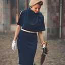 AISIZE Women's Vintage 1940s Half Collar Batwing Cape Party Pencil Dress (XX-Large, Navy Blue)