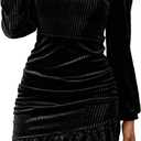 Simplee Womens Velvet Bodycon Mini Dress Long Sleeve Ruffle Hem Fall Winter Cocktail Dresses for Party Holiday Events (Large, Black)
