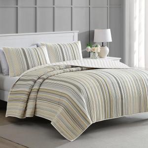 Martha Stewart Full Queen Size Quilt Bedding Set - 3 Piece, Soft Washed Microfiber, Printed Bedspread, Reversible, All Season, 1 Quilt, 2 Standard Pillow Shams, Gray & Khaki, Lefferts Stripe Print