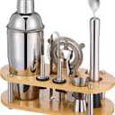 Cocktail Shaker Set Bartender Kit - 11 Pcs Bar Tool Set with Bamboo Stand & All Bar Accessories: Martini Shaker, Strainer,Jigger, Muddler, Mixer Spoon Barware Kit, for Bar, Home Lounge & Party (Silver)