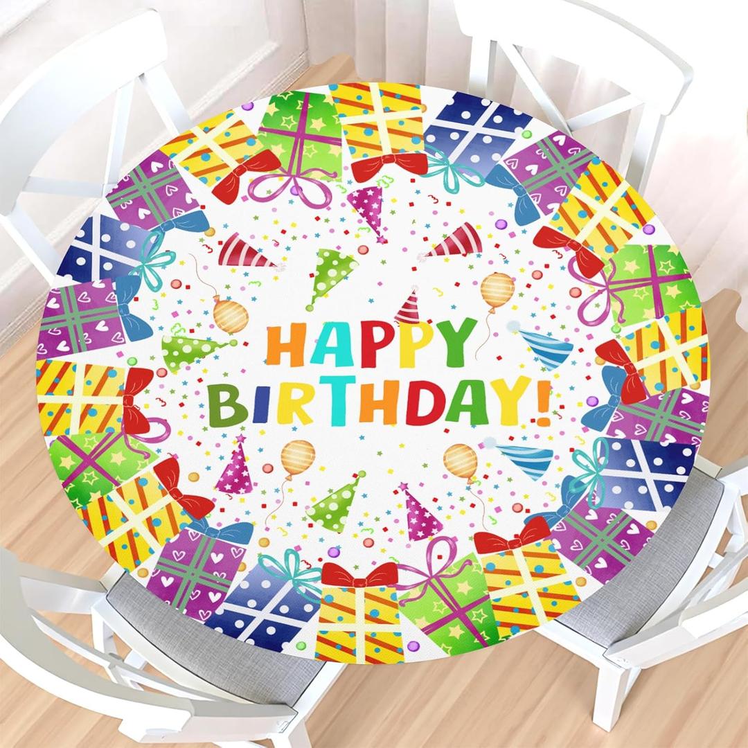 Birthday Round Fitted Tablecloth with Elastic Edge, Water-Resistant Picnic Colorful Happy Birthday Party Hats Ballon Gift Table Cover for 40-44" Found Tables White Table Cloth for Dinner, Outdoor,Patio
