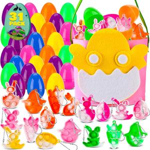 Easter Basket Stuffers,31Packs Prefilled Easter Eggs with Fidget Pop Keychain, Small Toys for Easter Egg Fillers Goodie Bag Stuffers, Classroom Prizes Toys Bulk for Egg Hunt Easter Gifts Party Favors
