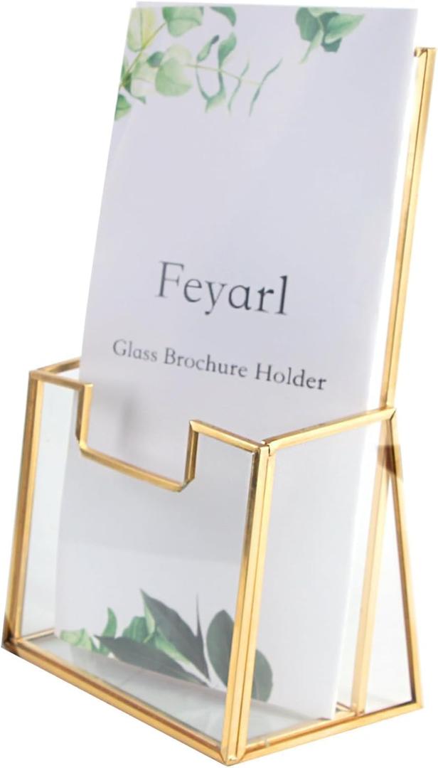 Feyarl Gold Glass Brochure Holders for 4x9 Pamphlets Literature Holder Flyer Trifold Holder Display Stand for Office Brochures Booklets Menu Magazines Literatures Journals