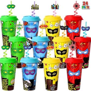 AFZMON 24 Sets Hero Party Favors Drinking Cups With Lids and Straws, Hero Birthday Party Decorations for Kids Bags Stuffers Gifts Supplies