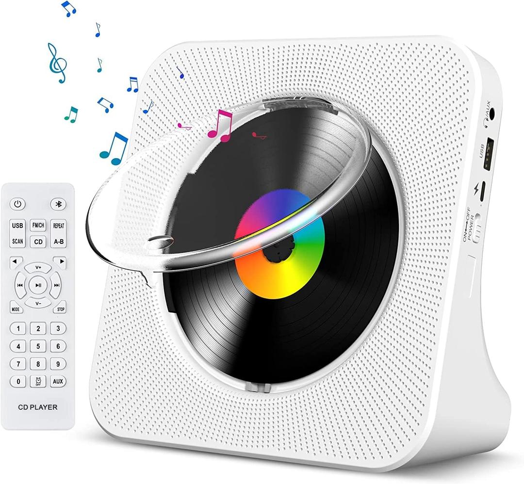 Gueray CD Player Portable Bluetooth Desktop CD Player for Home with Timer Built-in HiFi Speakers with LCD Screen Display Boombox FM Radio USB Type-c (White)