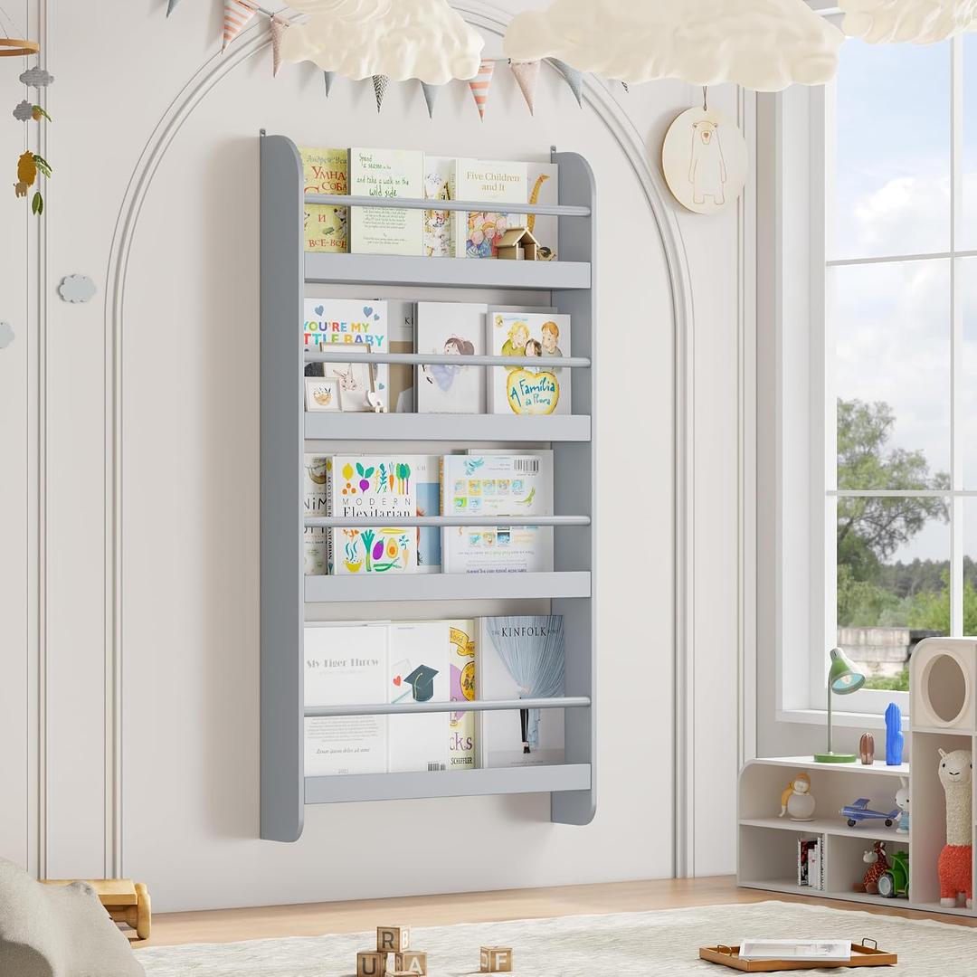 FOTOSOK Kids Bookshelf, Wall Mount 4-Tier Book Shelf Organizer for Toys and Books, Toy Storage Bookshelf in Bedroom, Living Room and Nursery, Grey, Single One