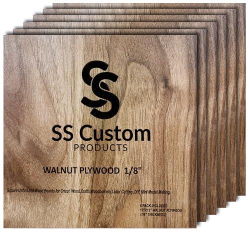 Walnut Plywood Sheets for Crafts 1/8 inch, 3mm Plywood Sheet for Laser Cutting, Wood Burning, Architectural Models, Drawing - 6 Pack Walnut Wood Sheets 12 x 12 inch (SS Custom Products)