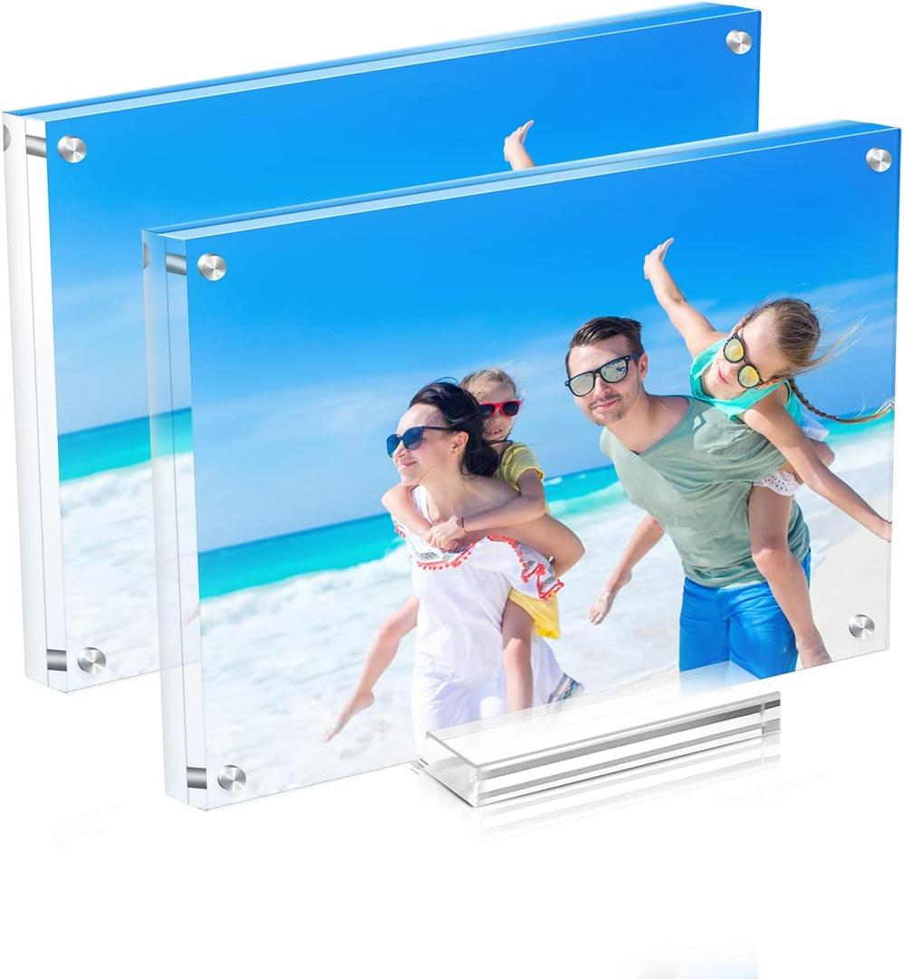 2 Pack Acrylic Picture Frame 57 Clear Double Sided Magnetic Photo Frame - Frameless Baby Friend Family Picture Desktop Display with Support Stand and Gift Boxes