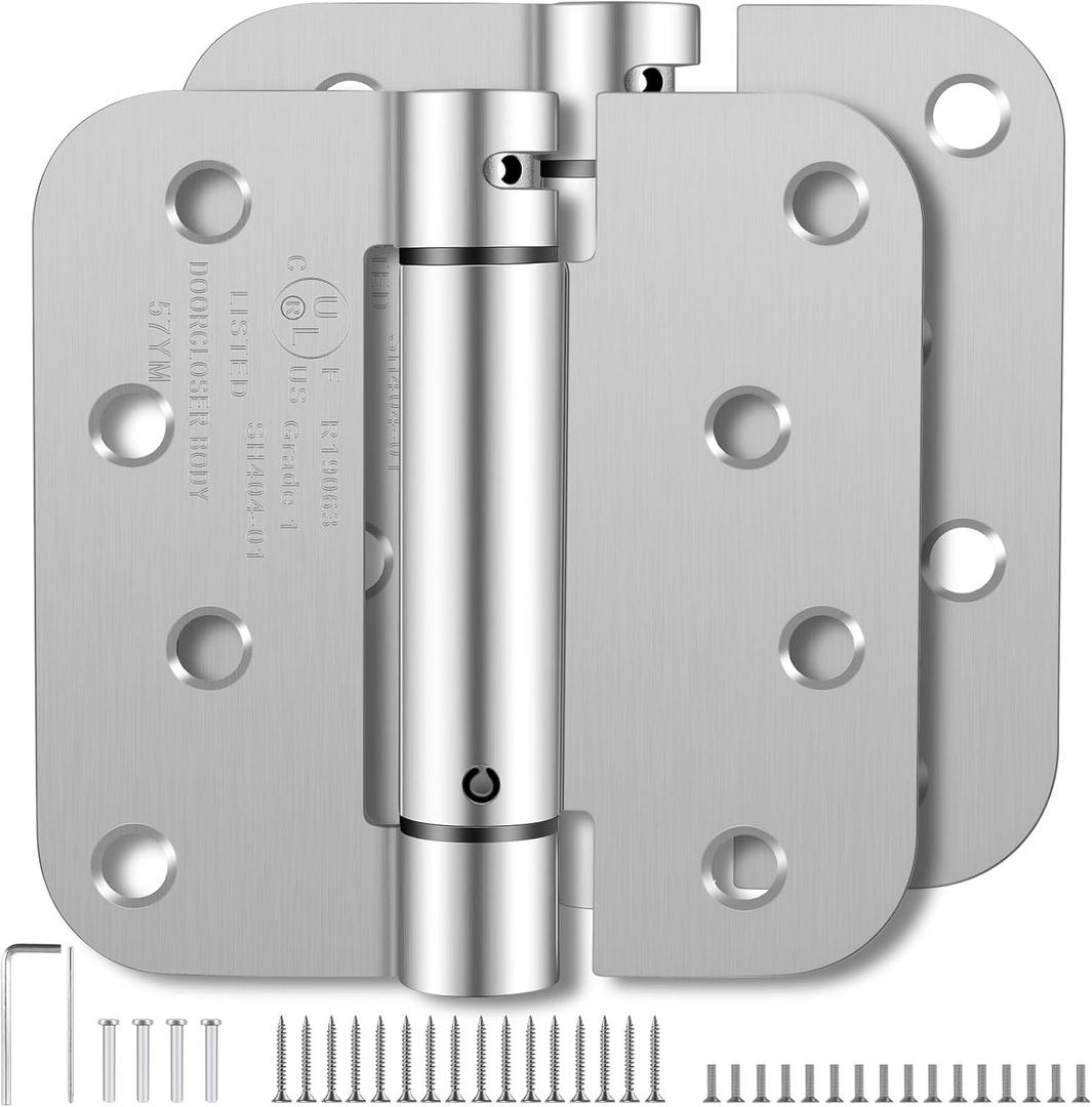 Self Closing Door Hinges 4 Inch, Spring Loaded Adjustable Tension Hinges for Garage/Front/Back Doors - UL Listed Brushed Nickel Hinges, Left/Right Hand Door Hardware with 5/8" Radius Corners (2 Pack)