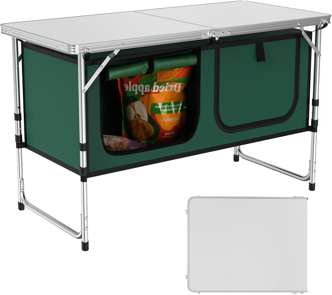 Camping Table, Folding Camping Table with Storage, Lightweight & Portable, 3 Heights Adjustable Folding Table for BBQ, Camping, Picnic and Indoor Use, Green
