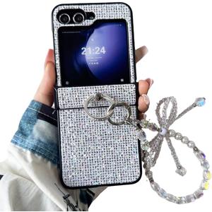 for Samsung Galaxy Z Flip 6 Sparkle Woman Strap Case with Ring Stand, Girls Wristband Case for Galaxy Z Flip 6 Glitter Hinge Protector, Crystal Bow Lanyard Cover for Samsung, White
