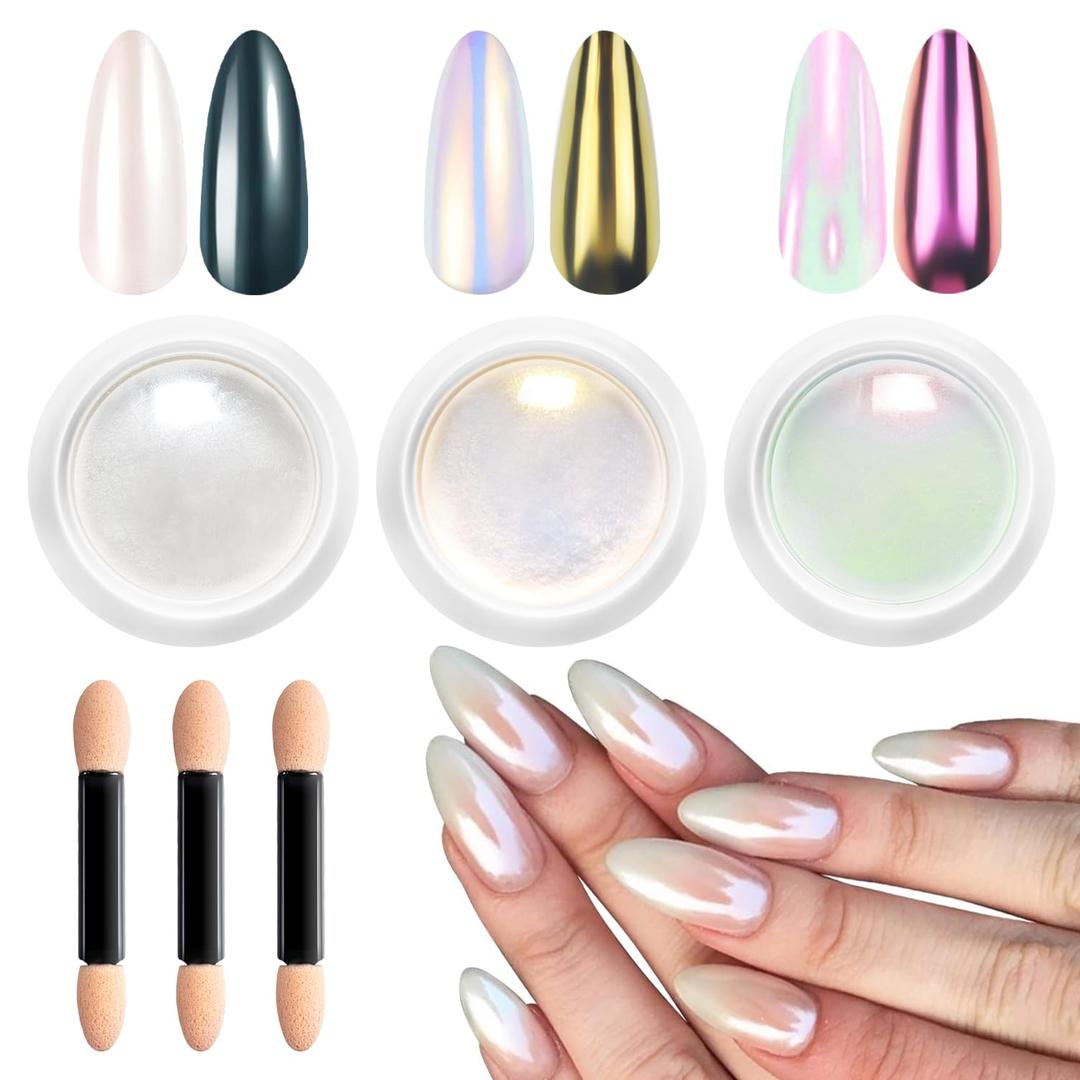 4 x Glassy Pearl Chrome Nail Powder - LEDSUUEI White Nail Chrome Powders, Glazed Donut Aurora Chrome Powder for Nails, Ice Clear Transparent Mermaid Chrome Powder Pigment Nail Glitter: Easy DIY Deco Salon (3- white,pink,yellow)