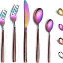 Berglander Silverware Set 20 Pieces With Moon Surface Handle And Shiny Rainbow Mouth Titanium Plating, Stainless Steel Modern Rainbow Flatware Set Utensils Set Colorful Cutlery Set Service For 4