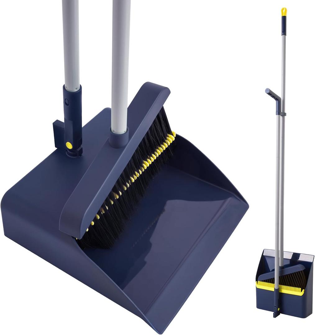 Broom and Dustpan Set, Long Handled Adjustable Dustpan and Brush with Comb Teeth for Indoor Outdoor Garden Home Patio Yard Kitchen Cleaning and Sweeping