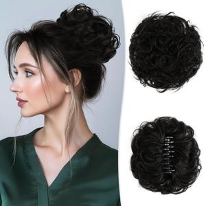 RUWISS Large Messy Bun Hair Piece with Claw Clip Human Hair Bun Wavy Curly Chignon Hair Bun Extensions Tousled Updo Hair Pieces for Women Claw Clip Ponytail Women, Natural Black (45g)