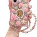 iFiLOVE for Samsung Galaxy S25/S24 Bling Diamond Case with Flower Strap, 3D Luxury Sparkle Glitter Crystal Rhinestone Pearl Love Rose Wristband Bracelet Case Cover for Girls Women Kids (Pink)