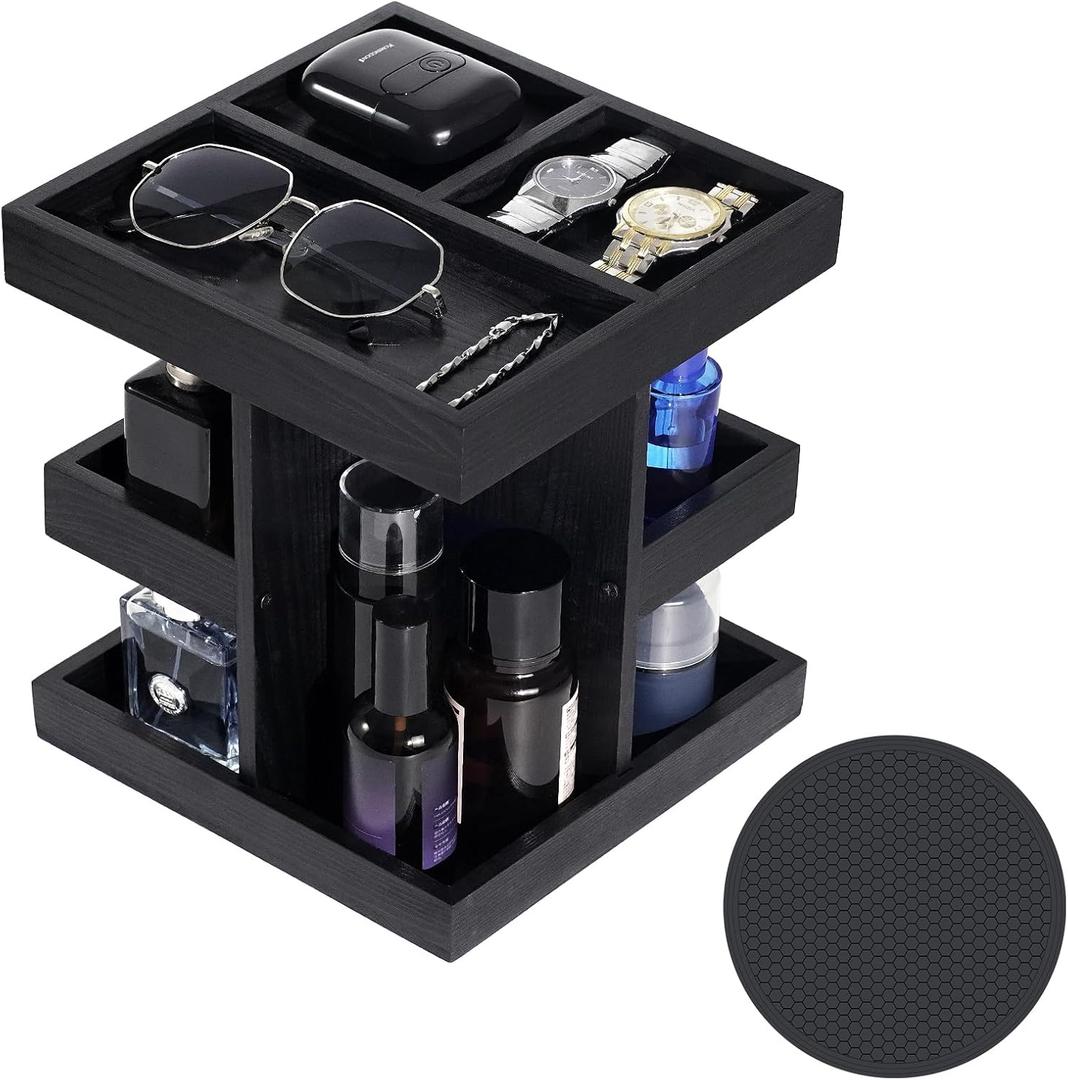 Cologne Organizer for Men Cologne Stand,3 Tier Large Capacity Wood Perfume Shelf with Rotate, Desk & Nightstand Organizer, Mens Husband Birthday Gifts Ideas, Gifts for Men(Black)
