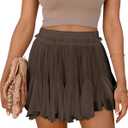 Women's Flowy Shorts Casual Linen Boho Ruffle Mini Skirts Pleated High Waist Cute Butterfly Skorts with Pockets Summer Trendy (Dark Brown) XS