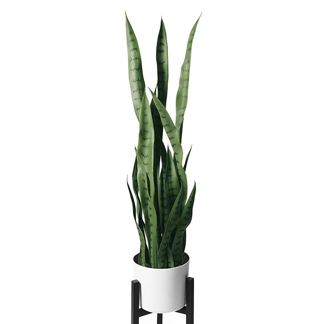 flybold Artificial Fake Snake Plants - Faux Indoor Plant - Modern Decor Artificial House Plants - Large Faux Sansevieria Plant with 28 Tall Leaves - Includes White Pot and Tripod - Green - 36in