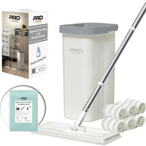 Mop and Bucket Set for Home, Hands-Free White Flat Squeeze Mop and Bucket System,Floor/Wall Cleaner with Long Handle, Wet/Dry Use (Mop and Buckets Set with 6 Pads)
