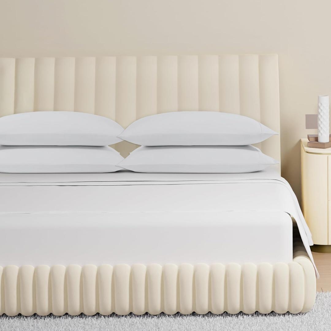Carressa Linen 100% Egyptian Cotton King Size Sheets Set - 800 Series Tulips Collection Egyptian Cotton Sheets King Size (6 PC, Crisp White), 16" Deep Pocket Sateen Weave Luxury Bed Sheet