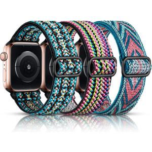 DaQin 3 Pack Stretchy Solo Loop Compatible with Apple Watch Bands for Women 49mm 46mm 45mm 44mm 42mm, Nylon Braided Elastic Strap for iWatch Band Series 11 10 9 8 7 6 5 4 3 SE Ultra 3 Ultra 2 Ultra (Boho Green/Green Arrow/Colorful)