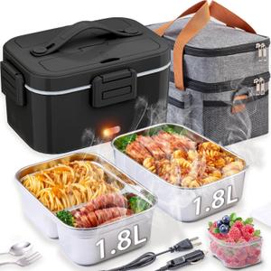 Nifogo Electric Lunch Box for Adults with 2 Stainless Steel Containers 1.8L 100W Heated Lunch Boxes for Men Electric LunchBox Food Heater Portable 12/24/110V for Work Car Truck (Black)