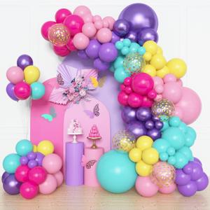Amandir 153pcs Purple Blue Pink Balloon Garland Arch Kit, Different Sizes 18 12 10 5 inch Teal Yellow Latex Metallic Confetti Balloons for Kid Magic Baby Shower Birthday Engagement Party Decoration
