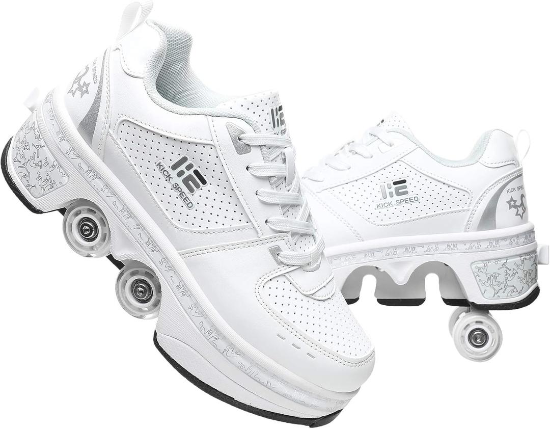 Four-Wheel 2-in-1 Roller Skate Shoes Unisex Skates Detachable Kids Sneakers with Wheels (White)